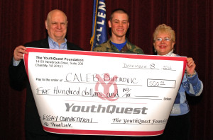 Essay contest scholarship winner Caleb Dujmovic with YouthQuest Director of Instruction Tom Meeks and Co-Founder Lynda Mann.