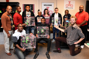 The teams show the JellyBox 3D printers they built during January 2016 immersion week in YouthQuest's 3D ThinkLink Creativity Lab 