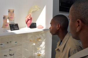 South Carolina Youth ChalleNGe Academy Cadets look at a display on 3D printing in medicine during Vocational Orientation tour of 3D Systems in Rock Hill, SC, October 20, 2016.