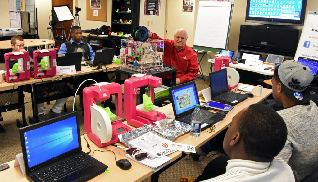 YouthQuest Foundation Director of Instruction Tom Meeks conducts advanced training for students in the 3D ThinkLink Creativity Lab on January 6, 2016 in Chantilly, Virginia.