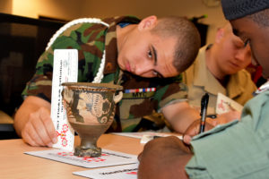 Cadets Haney and Foote examine an ancient vase that they 3D scanned at 3D ThinkLink advanced training in May, 2018.