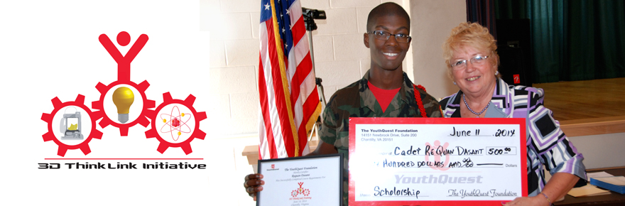 YouthQuest President Lynda Mann presents a $500 scholarship to Requan Da Sant for his winning essay about his experience in the 3D ThinkLink class at Freestate ChalleNGe Academy.