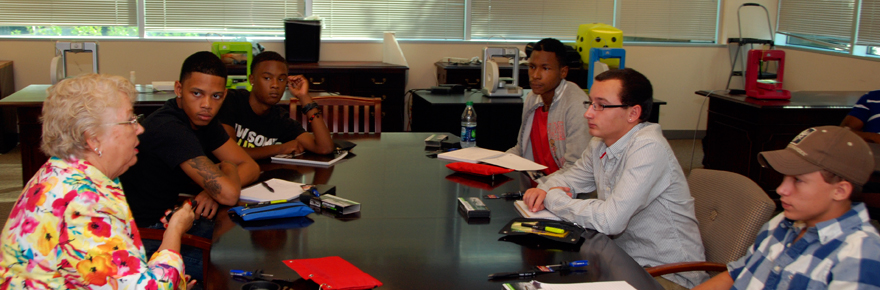 YouthQuest President Lynda Mann with 3D ThinkLink Lab students Jarrod Burley, Rashad Byrd, Daikwon Jones, Brice Lamb and Joey Clark on August 4, 2014.