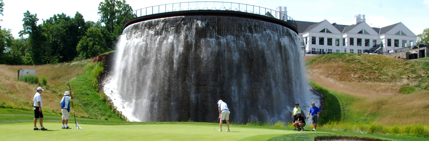 Waterfall and clubhouse at Trump National Golf Club, Washington, DC