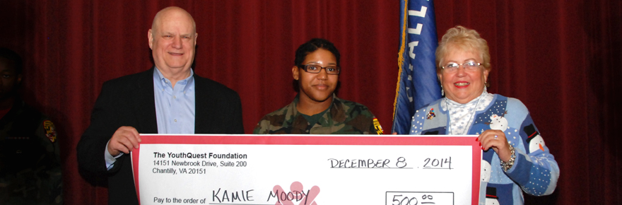 Essay contest scholarship winner Kamie Moody with YouthQuest Director of Instruction Tom Meeks and Co-Founder Lynda Mann. at Freestate ChalleNGe Academy December 9, 2014.