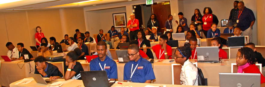 Students are introduced to 3D design and printing in a workshop presented by YouthQuest at the National Society of Black Engineers Convention in Anaheim, California March 26, 2015