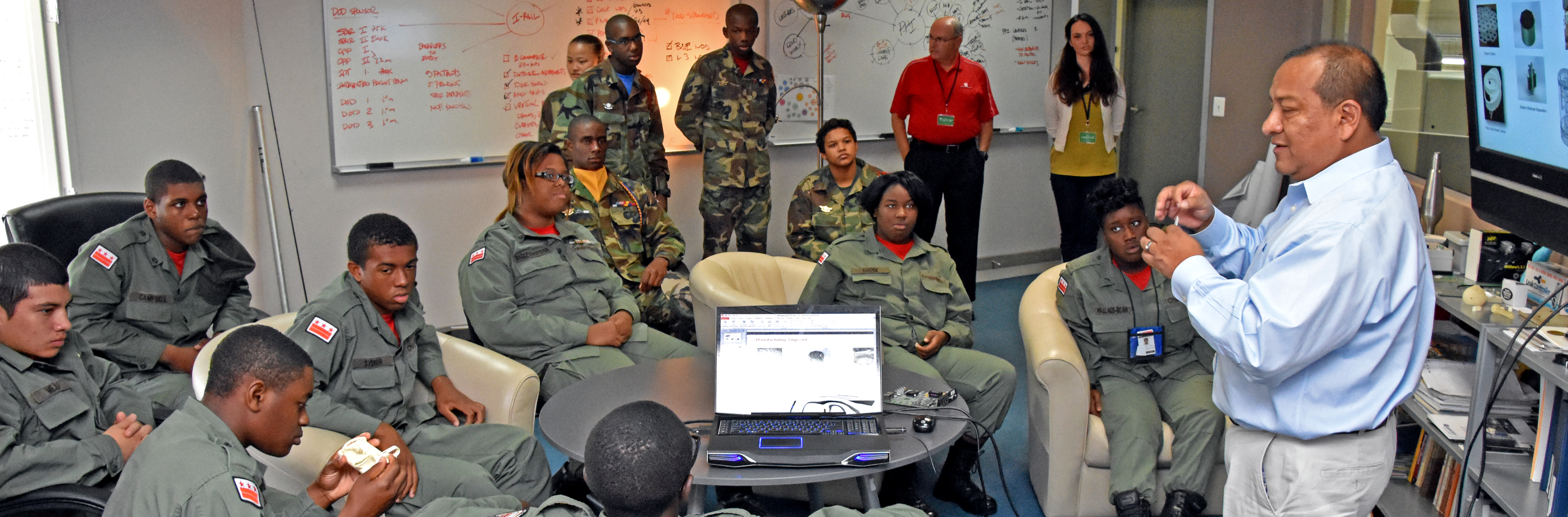 Prototype Productions Inc. Co-Founder and CEO Joe Travez with 3DThinkLink students from Capital Guardian Youth ChalleNGe Academy during Vocational Orientation October 15, 2015