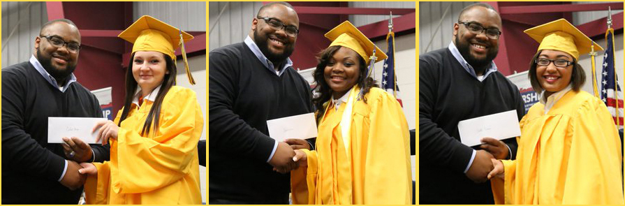 3D ThinkLink instructor Charles Johnson awards scholarships to essay competetion winners (l-r) Emilee Bray, Kimora Felton and Kathaleen Polanco at South Carolina Youth ChalleNGe Academy graduation December 9, 2015