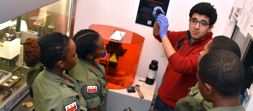 3D ThinkLink students from DC's Capital Guardian Youth ChalleNGe Academy visit the University of Maryland's Tissue Engineering Lab during Vocational Orientation in April 2016