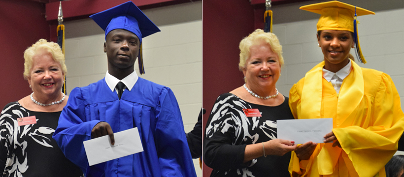 YouthQuest Co-Founder and President Lynda Mann presents scholarships to 3D ThinkLink essay contest winners Trevon Ahl and Alycia Freeman at South Carolina Youth ChalleNGE Academy