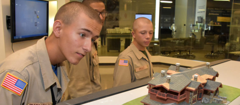 Students look at a 3D printed architectural model at 3D Systems in Rock Hill, SC, during 3D ThinkLink Vocational Orientation October 20, 2016