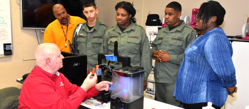 YouthQuest Director of Instruction Tom Meeks with students and teachers at advanced 3D ThinkLink training at Capital Guardian Youth ChalleNGe Academy in December 2017