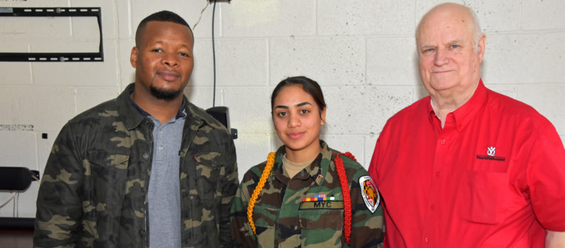 3D ThinkLink scholarship essay contest winner Sthephanie Alvarez-Vega with Freestate ChalleNGe Academy instructor Jamarr Dennis and YouthQuest Director of Instruction Tom Meeks